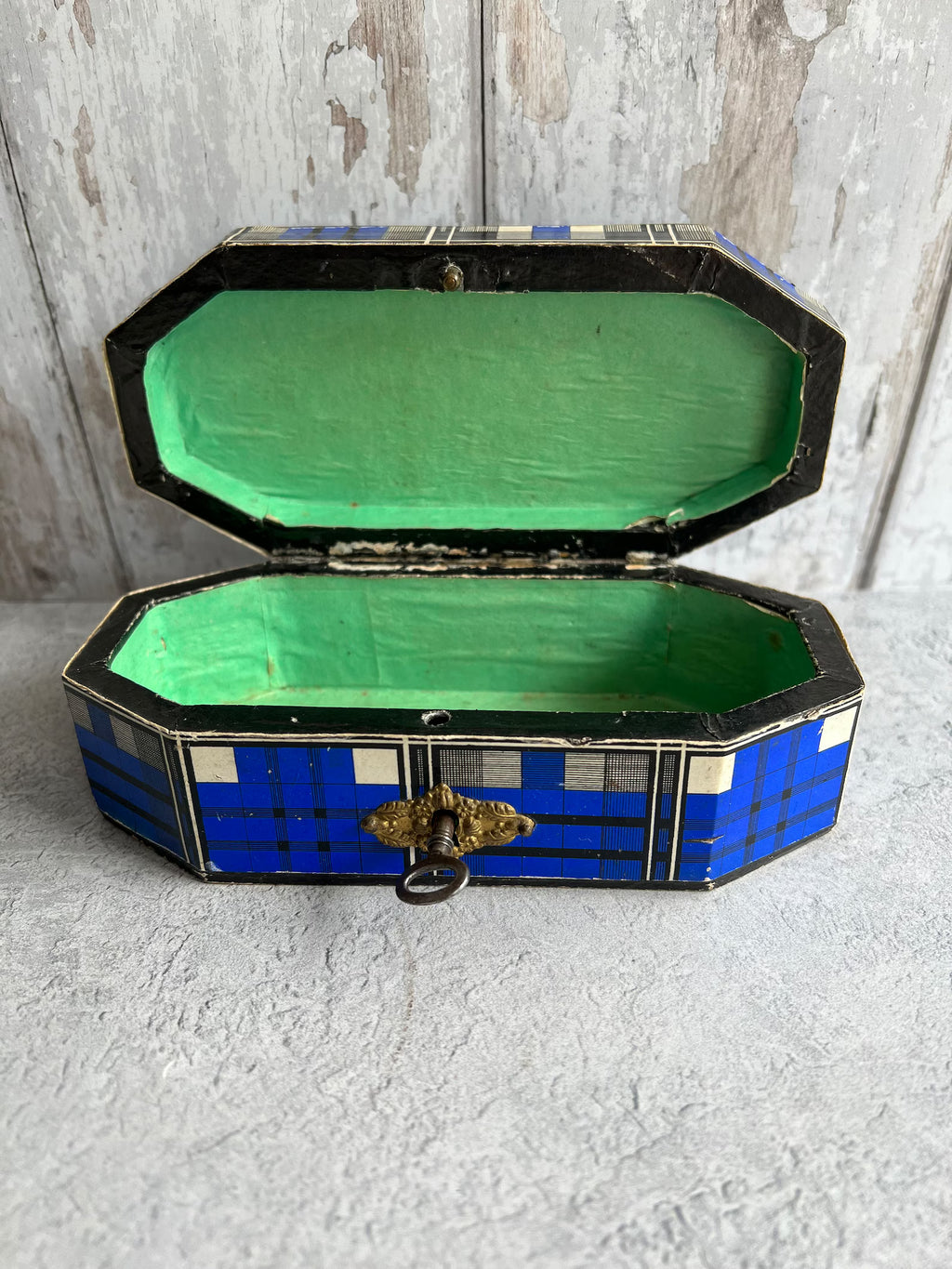 Antique 19th Century Sewing Box Blue Tartan C 1850