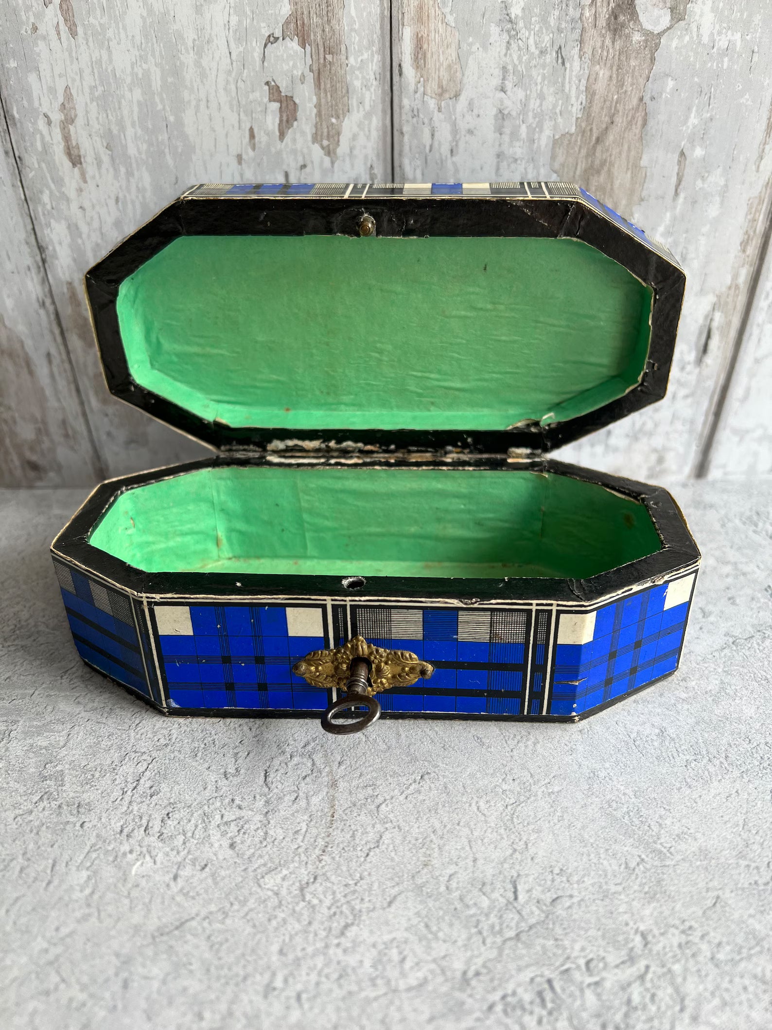 Antique 19th Century Sewing Box Blue Tartan C 1850