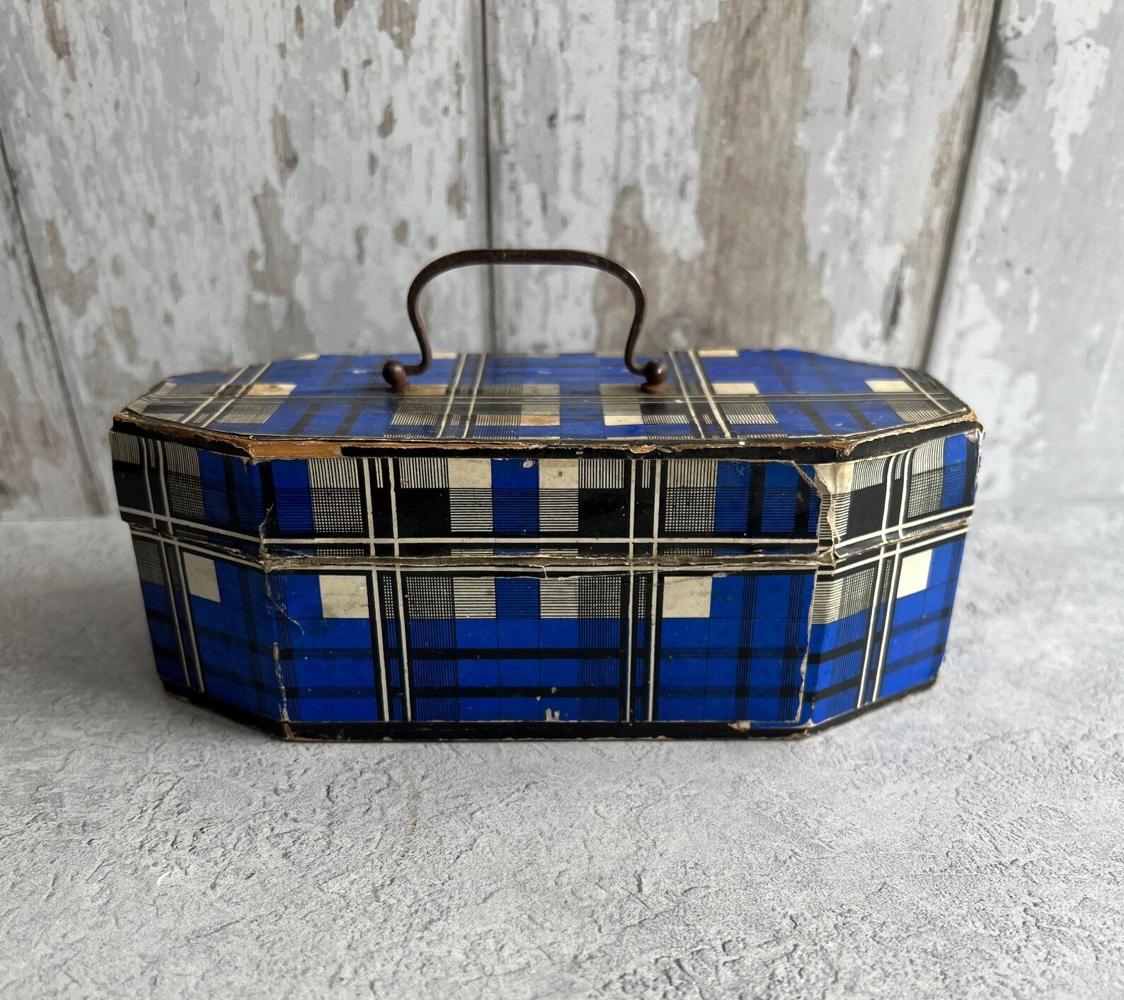 Antique 19th Century Sewing Box Blue Tartan C 1850
