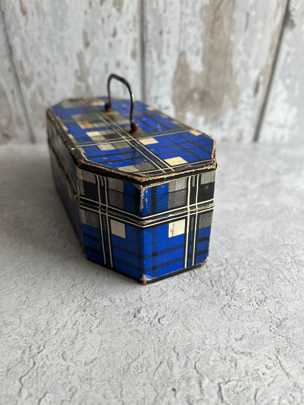 Antique 19th Century Sewing Box Blue Tartan C 1850