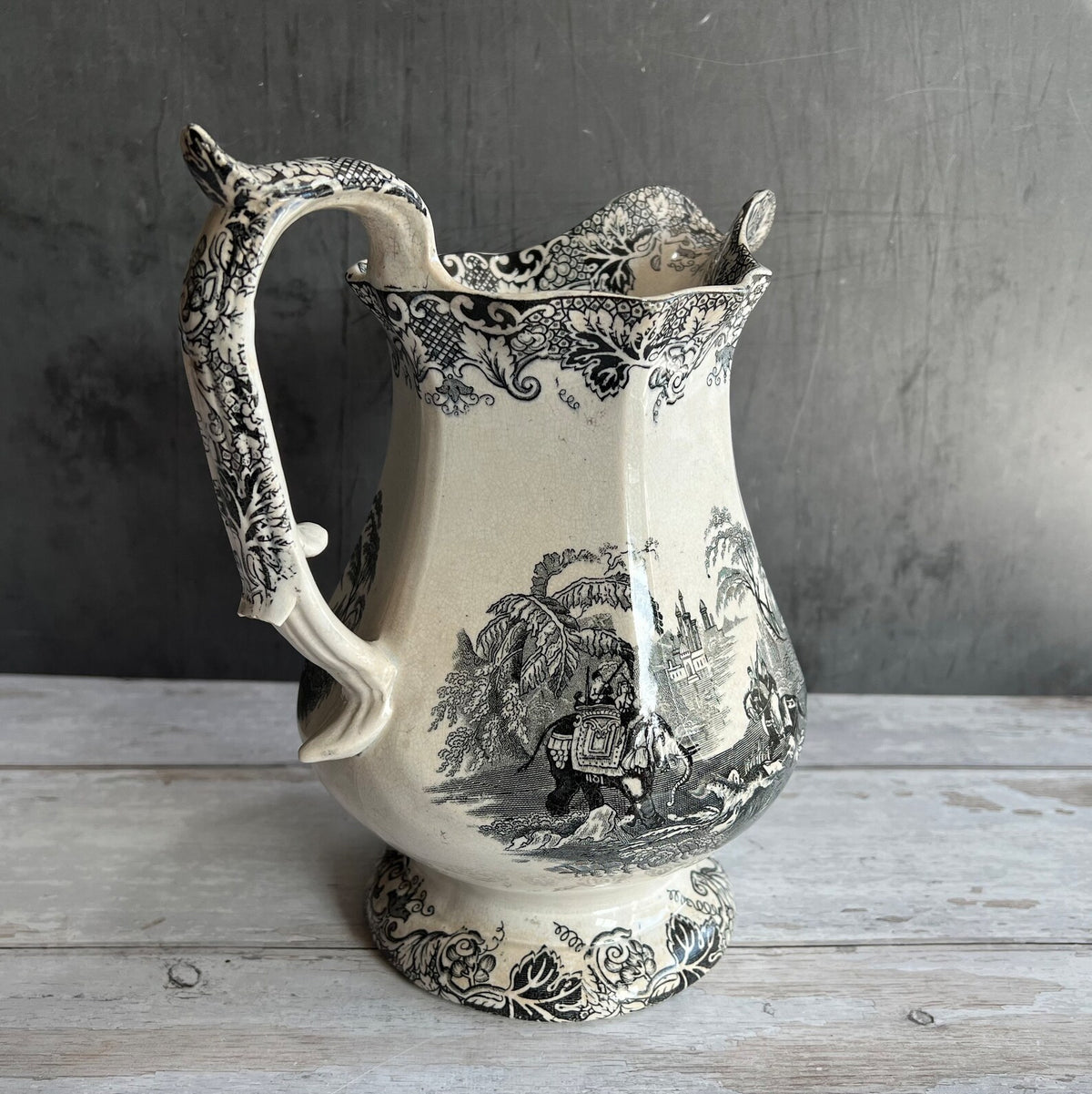 19th Century Transferware Puzzle Jug, English Elephant and Tiger Scene
