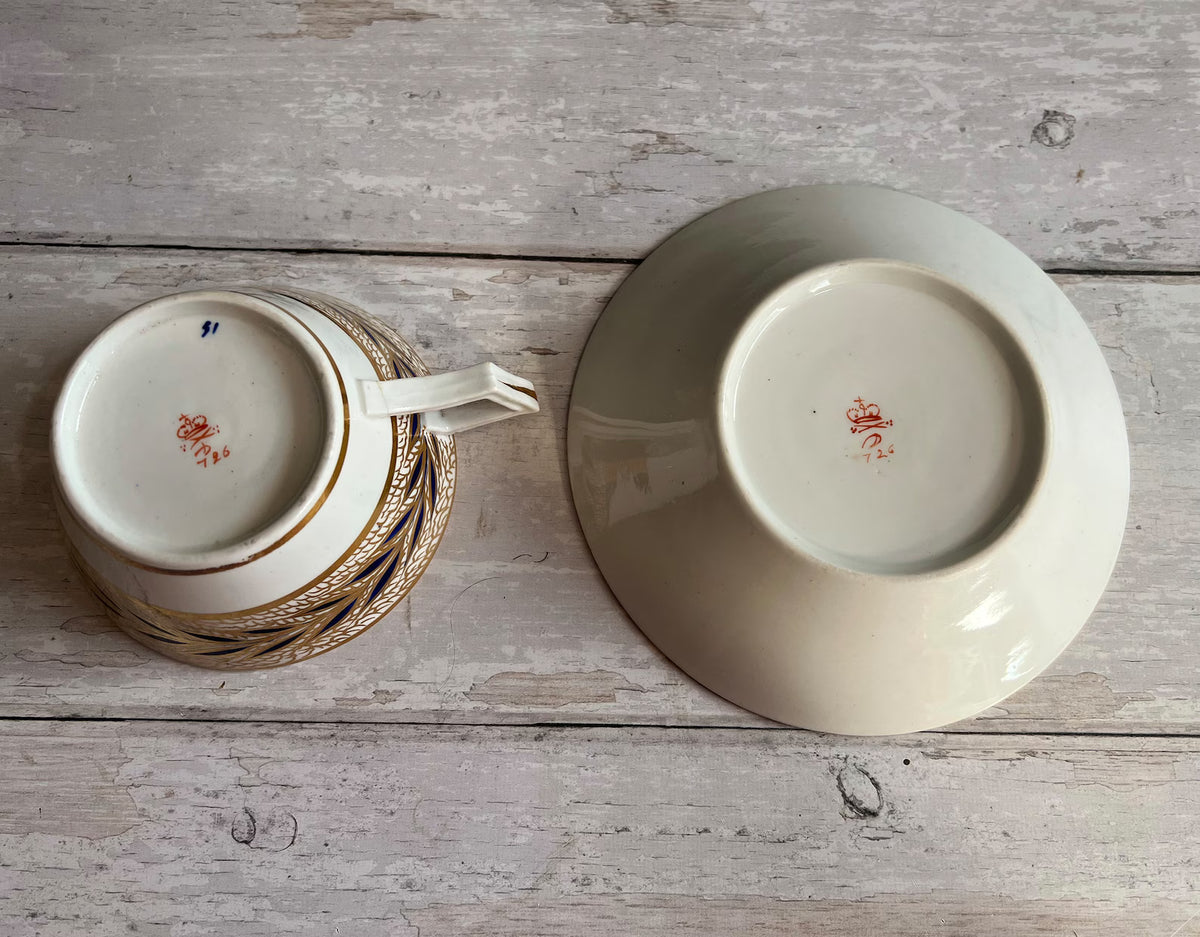 Antique Derby Porcelain Tea Cup and Saucer Leaf Pattern Circa 1810