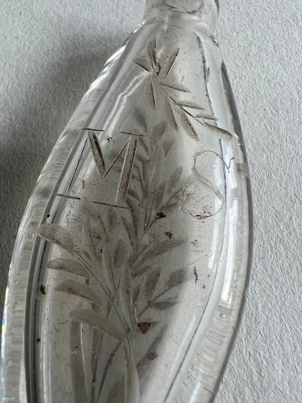 Georgian Miniature English Glass Scent Bottle Navette Shaped Engraved Initials MS Circa 1800 AF