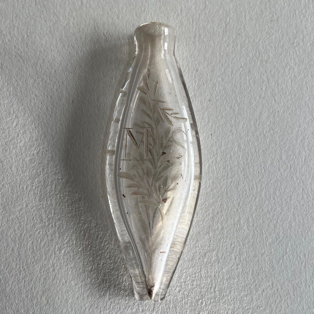 Georgian Miniature English Glass Scent Bottle Navette Shaped Engraved Initials MS Circa 1800 AF