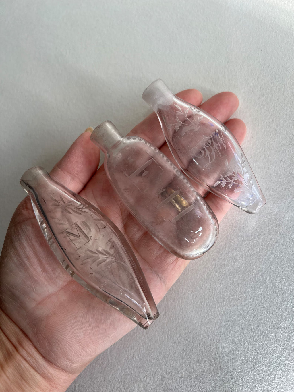 Georgian Miniature English Glass Scent Bottle Navette Shaped Engraved Initials MS Circa 1800 AF