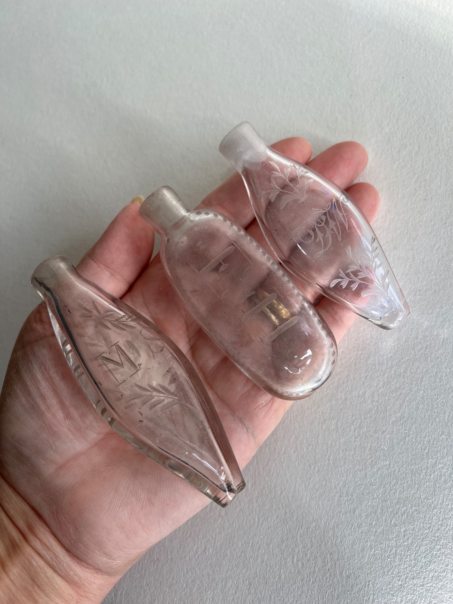 Georgian Miniature English Glass Scent Bottle Navette Shaped Engraved Initials MS Circa 1800 AF