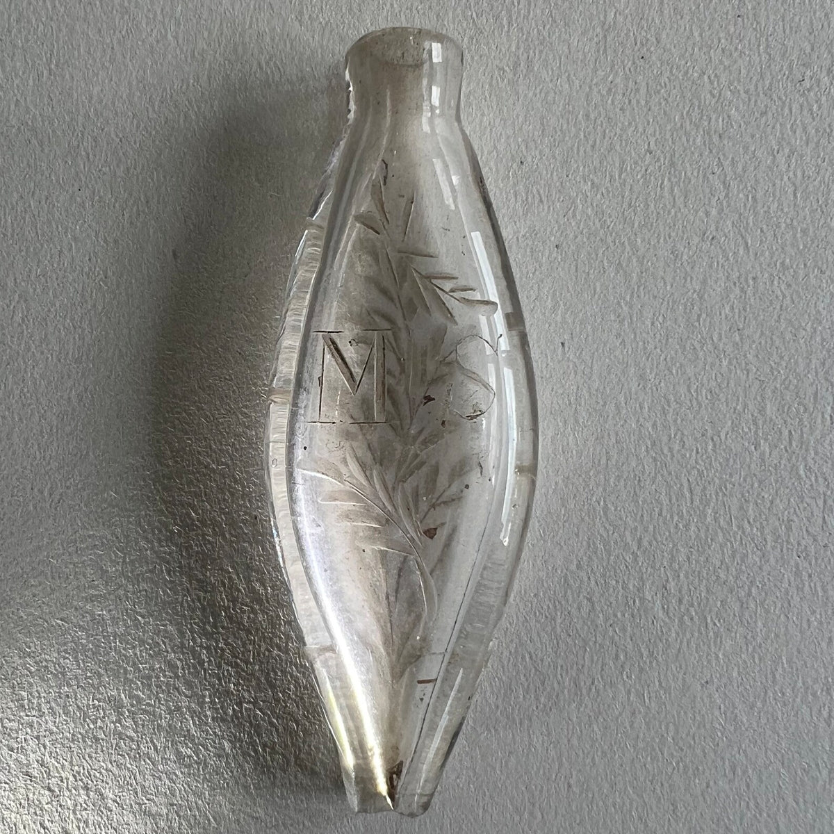 Georgian Miniature English Glass Scent Bottle Navette Shaped Engraved Initials MS Circa 1800 AF