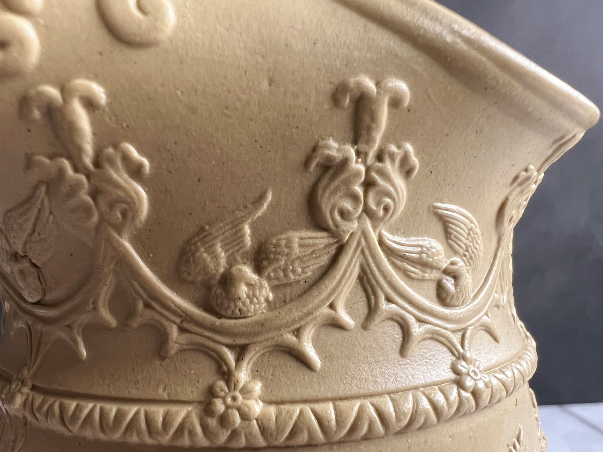 Antique English Jug Pitcher Jones & Walley Relief Moulded Stoneware The Good Samaritan C 1841