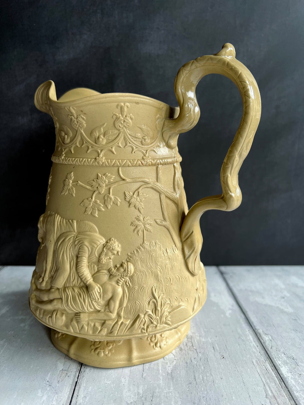 Antique English Jug Pitcher Jones & Walley Relief Moulded Stoneware The Good Samaritan C 1841