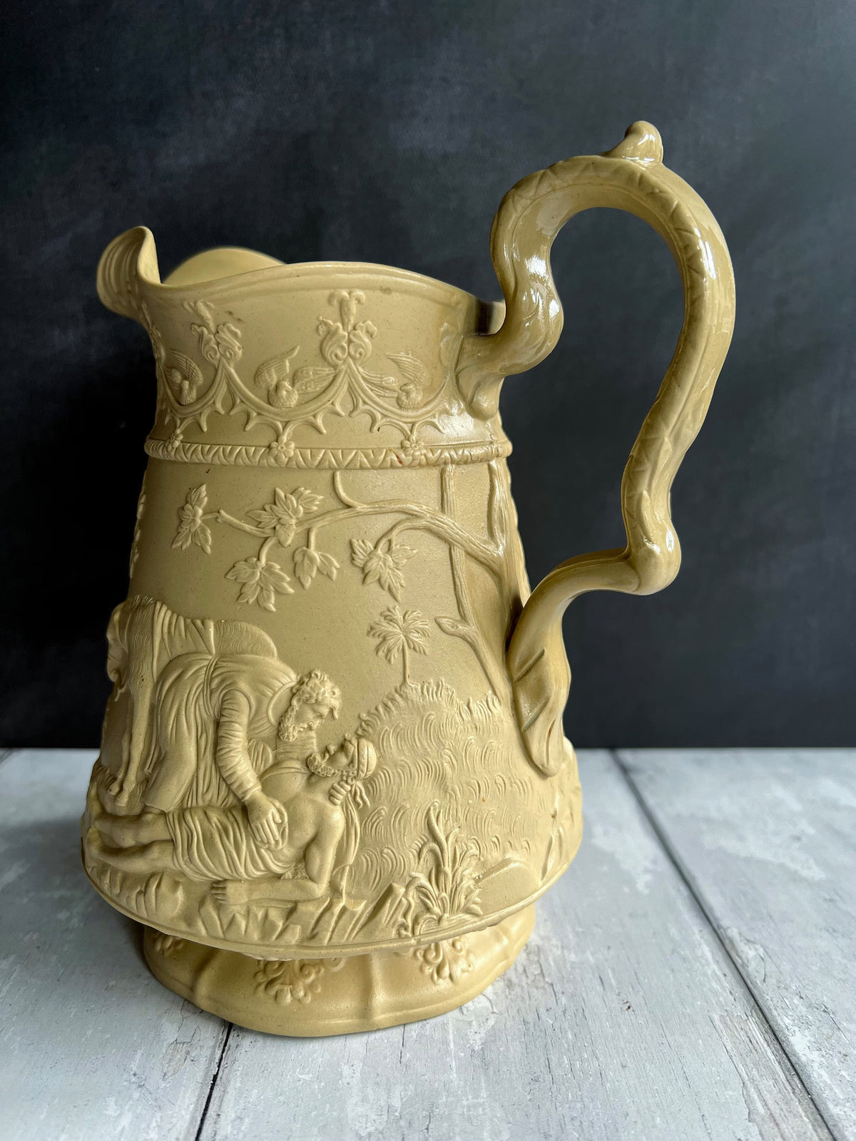Antique English Jug Pitcher Jones & Walley Relief Moulded Stoneware The Good Samaritan C 1841