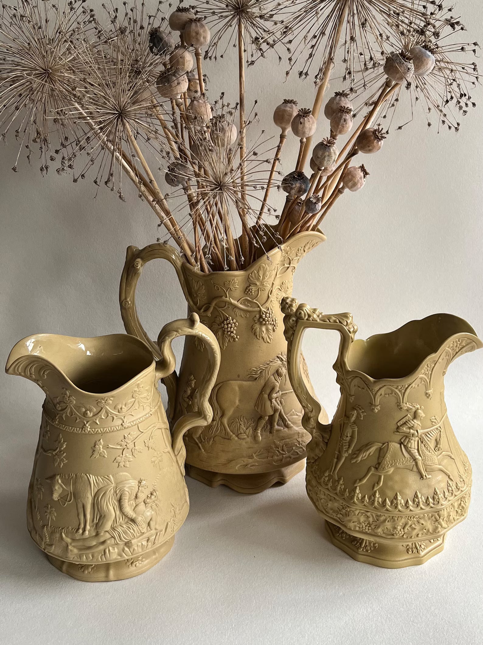 Antique English Jug Pitcher Jones & Walley Relief Moulded Stoneware The Good Samaritan C 1841