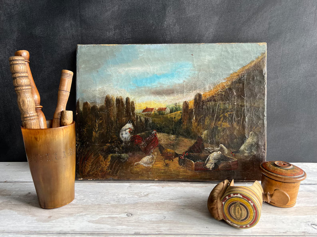 19th Century Folk Art Oil Painting Farmyard Scene Chickens Rooster Hens Farmhouse C 1870