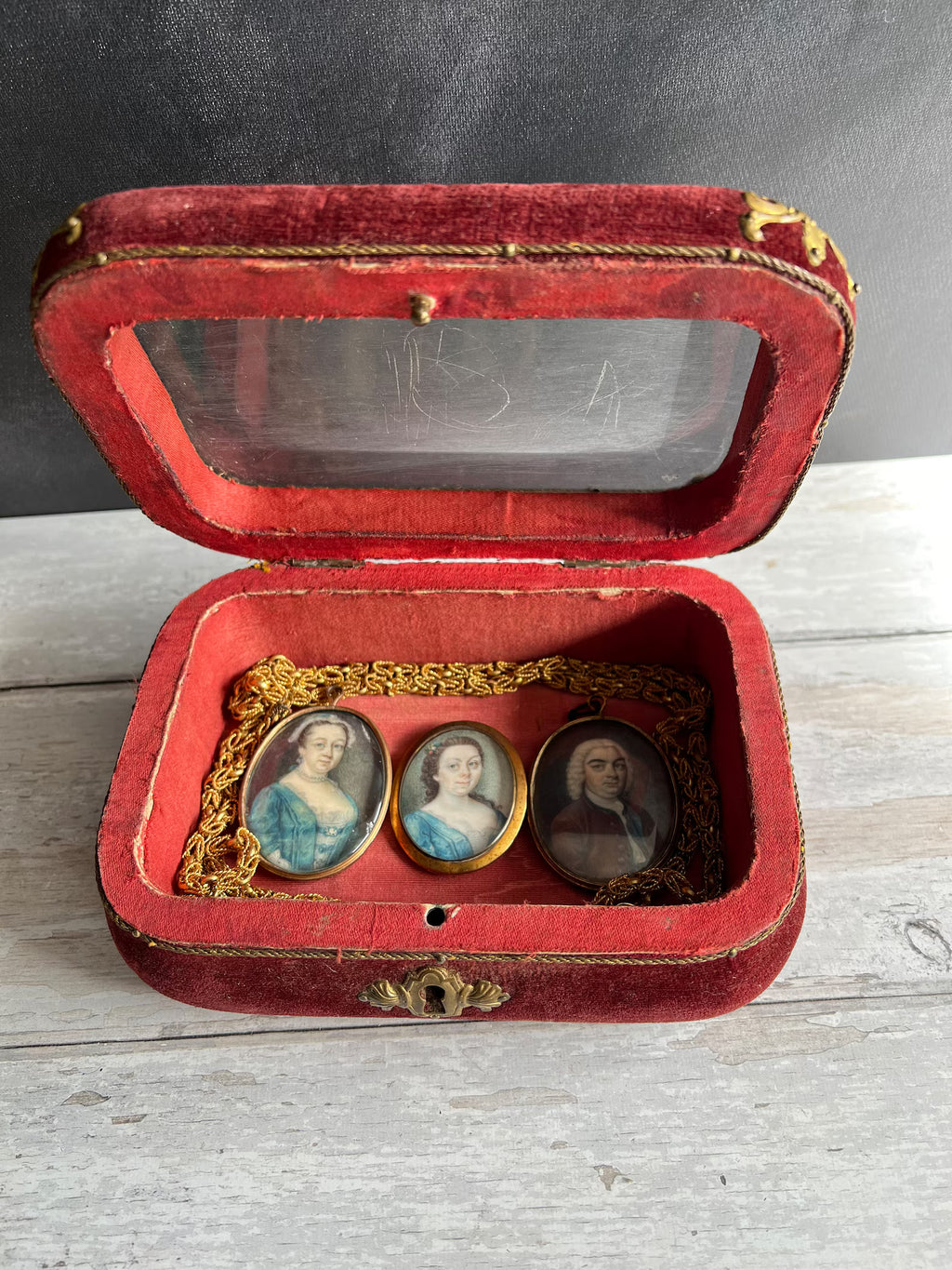 Antique Velvet Jewelry Box Beveled Glass Vitrine Casket Circa 1890