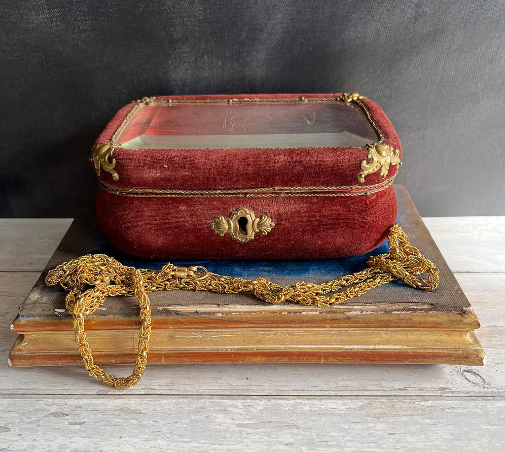 Antique Velvet Jewelry Box Beveled Glass Vitrine Casket Circa 1890