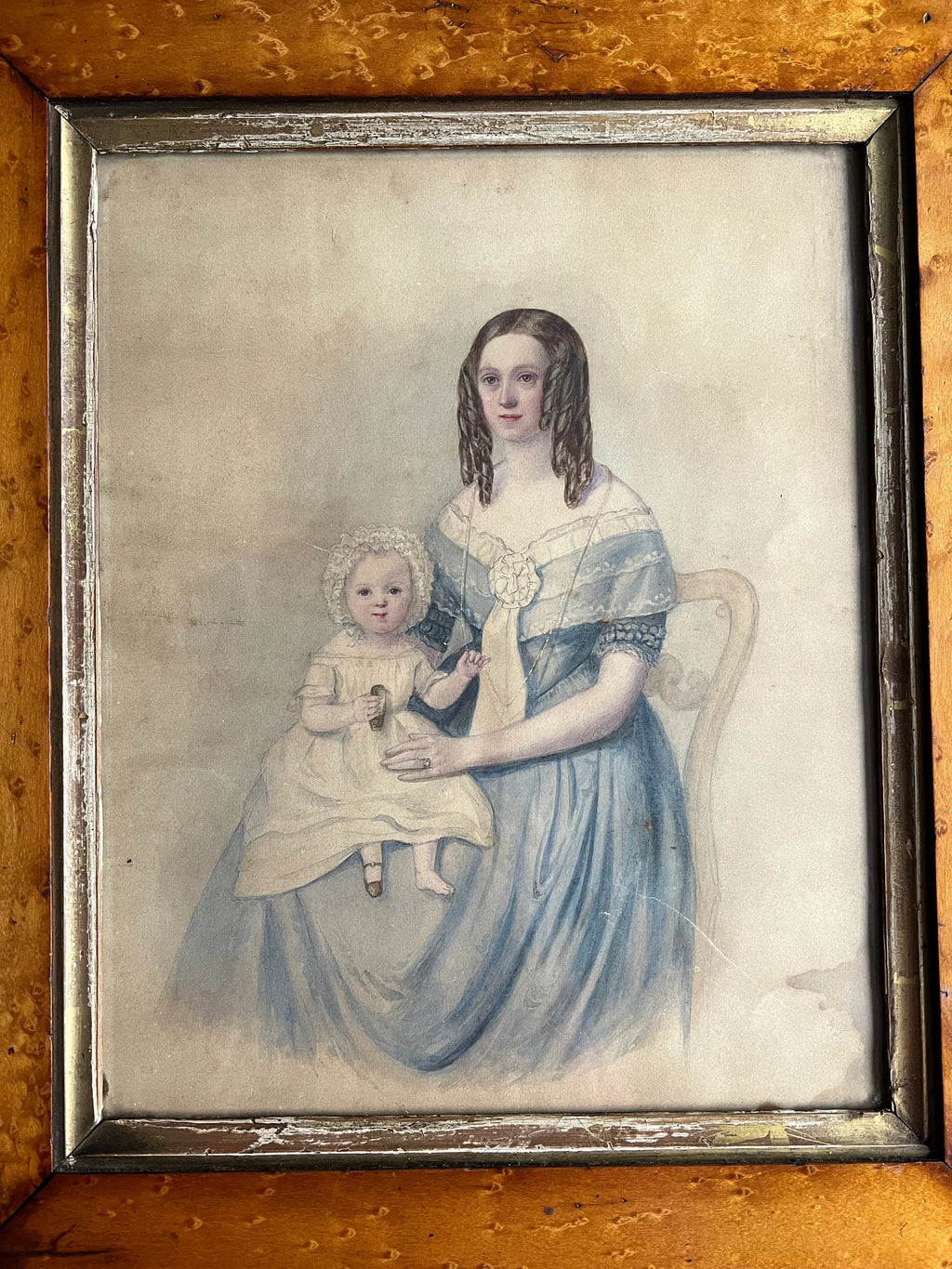 Antique Painting Portrait Mother and Child English Circa 1840