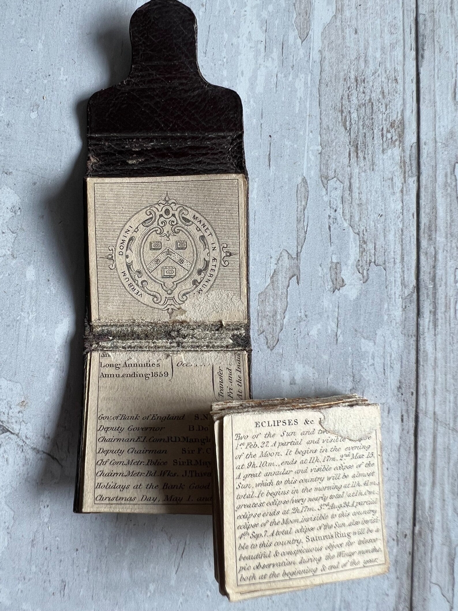 Miniature London Almanac 1858  1" tall Leather Doll Size Almanack Book AF