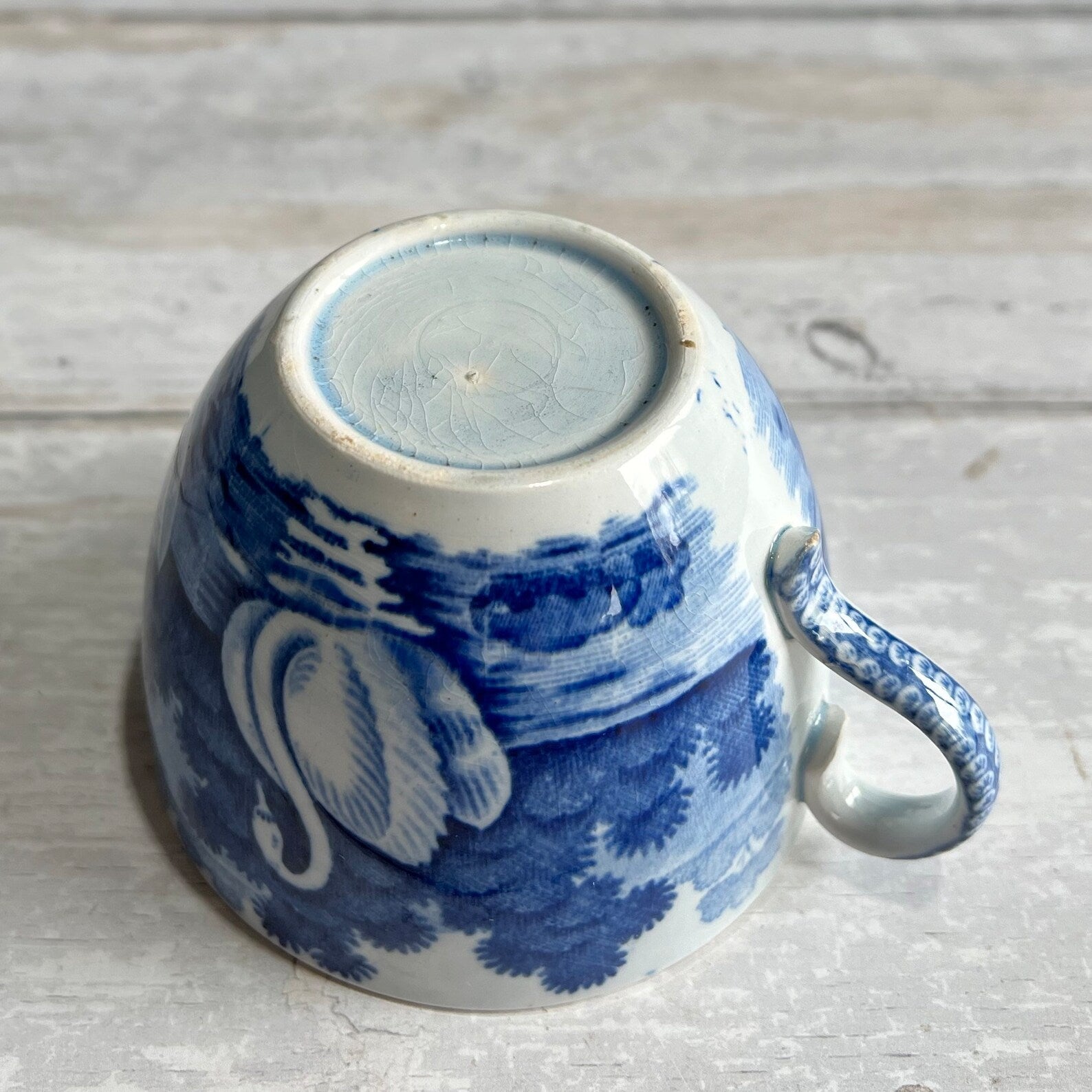English Pearlware Cup and Saucer Blue and White Transferware Rare Swan Pattern C 1810