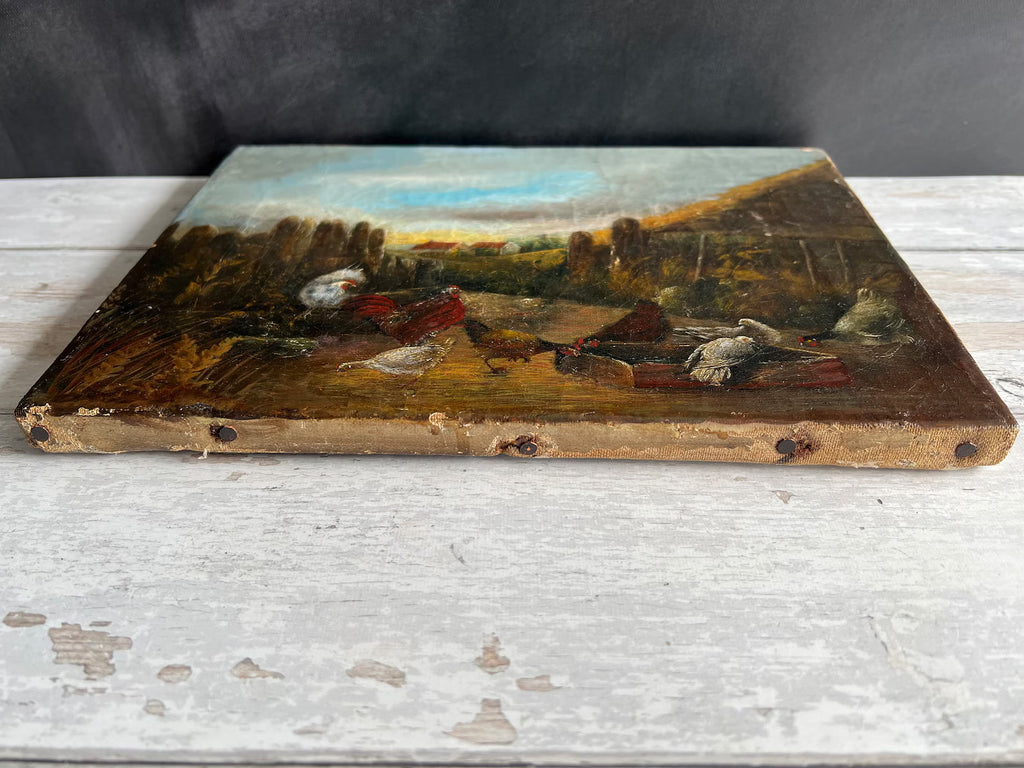 19th Century Folk Art Oil Painting Farmyard Scene Chickens Rooster Hens Farmhouse C 1870