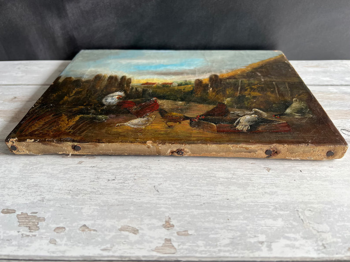19th Century Folk Art Oil Painting Farmyard Scene Chickens Rooster Hens Farmhouse C 1870