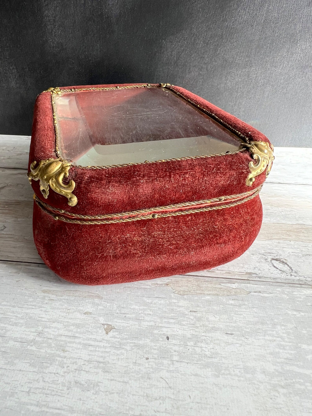 Antique Velvet Jewelry Box Beveled Glass Vitrine Casket Circa 1890