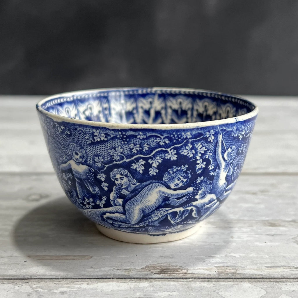 19th Century Transferware Tea Bowl And Saucer Bacchanalian Cherubs Scene Blue And White C 1815