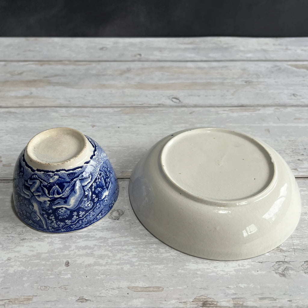19th Century Transferware Tea Bowl And Saucer Bacchanalian Cherubs Scene Blue And White C 1815