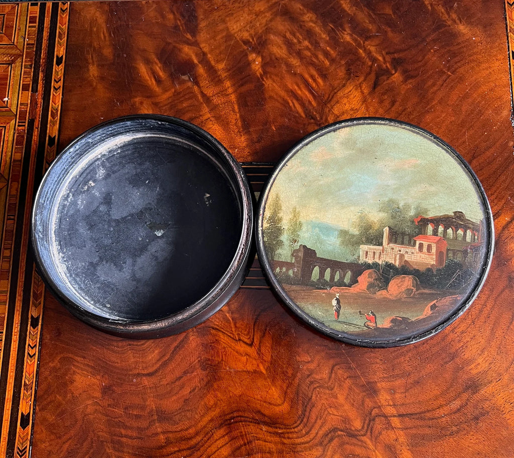 Georgian Snuff Box Landscape Hand Painted Scene Papier Mache Circa 1820