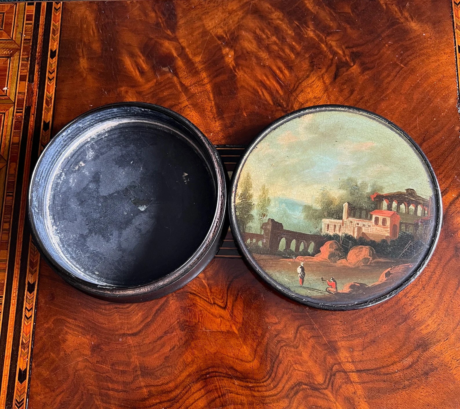 Georgian Snuff Box Landscape Hand Painted Scene Papier Mache Circa 1820