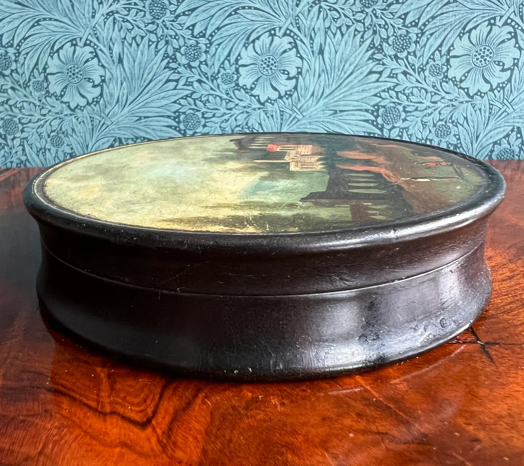 Georgian Snuff Box Landscape Hand Painted Scene Papier Mache Circa 1820