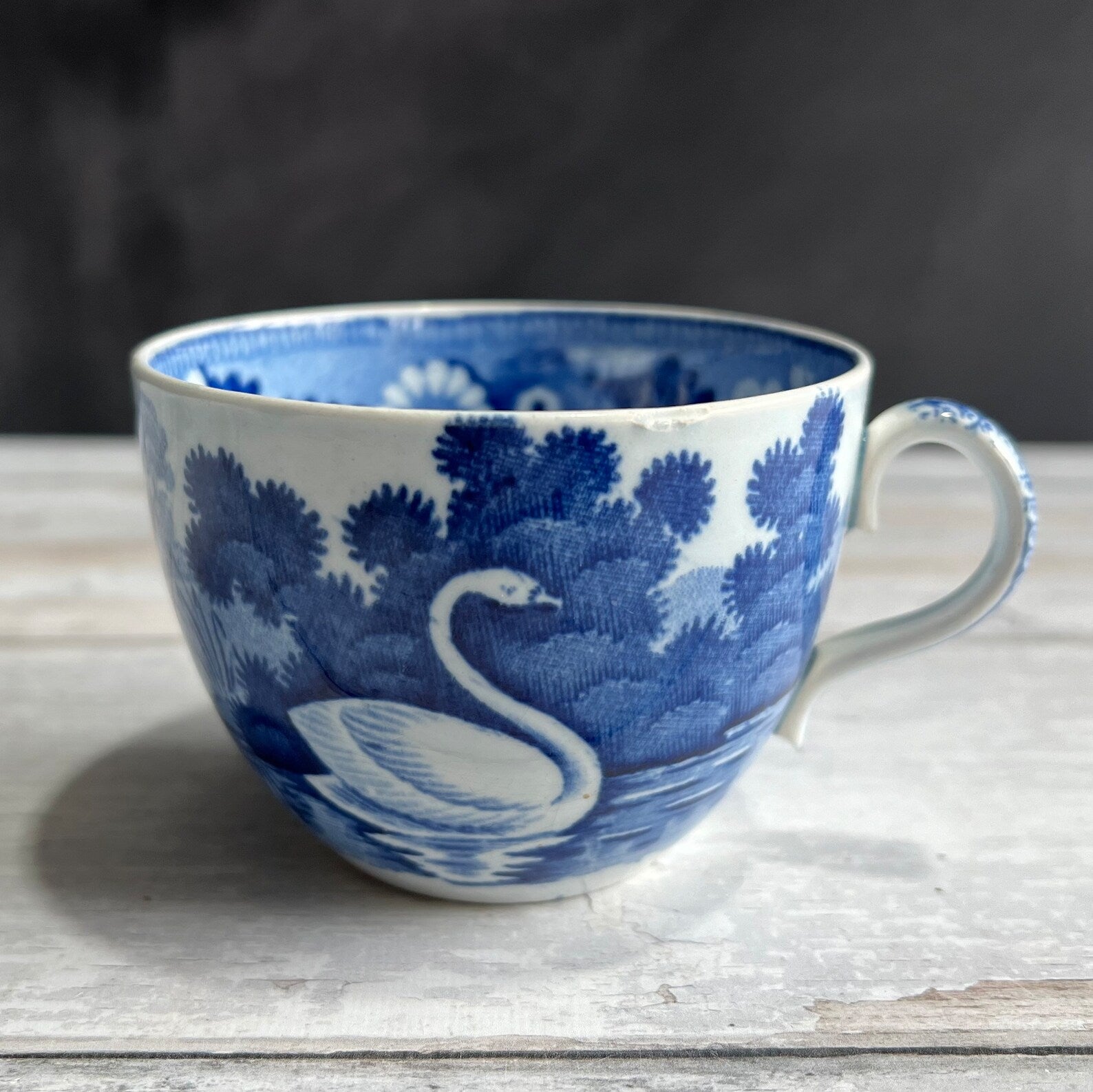 English Pearlware Cup and Saucer Blue and White Transferware Rare Swan Pattern C 1810