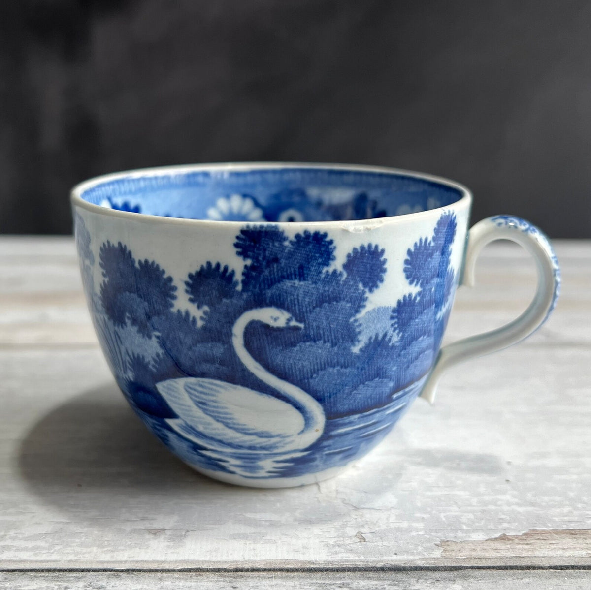 English Pearlware Cup and Saucer Blue and White Transferware Rare Swan Pattern C 1810