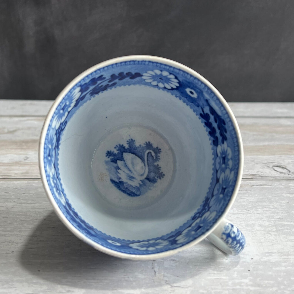 English Pearlware Cup and Saucer Blue and White Transferware Rare Swan Pattern C 1810