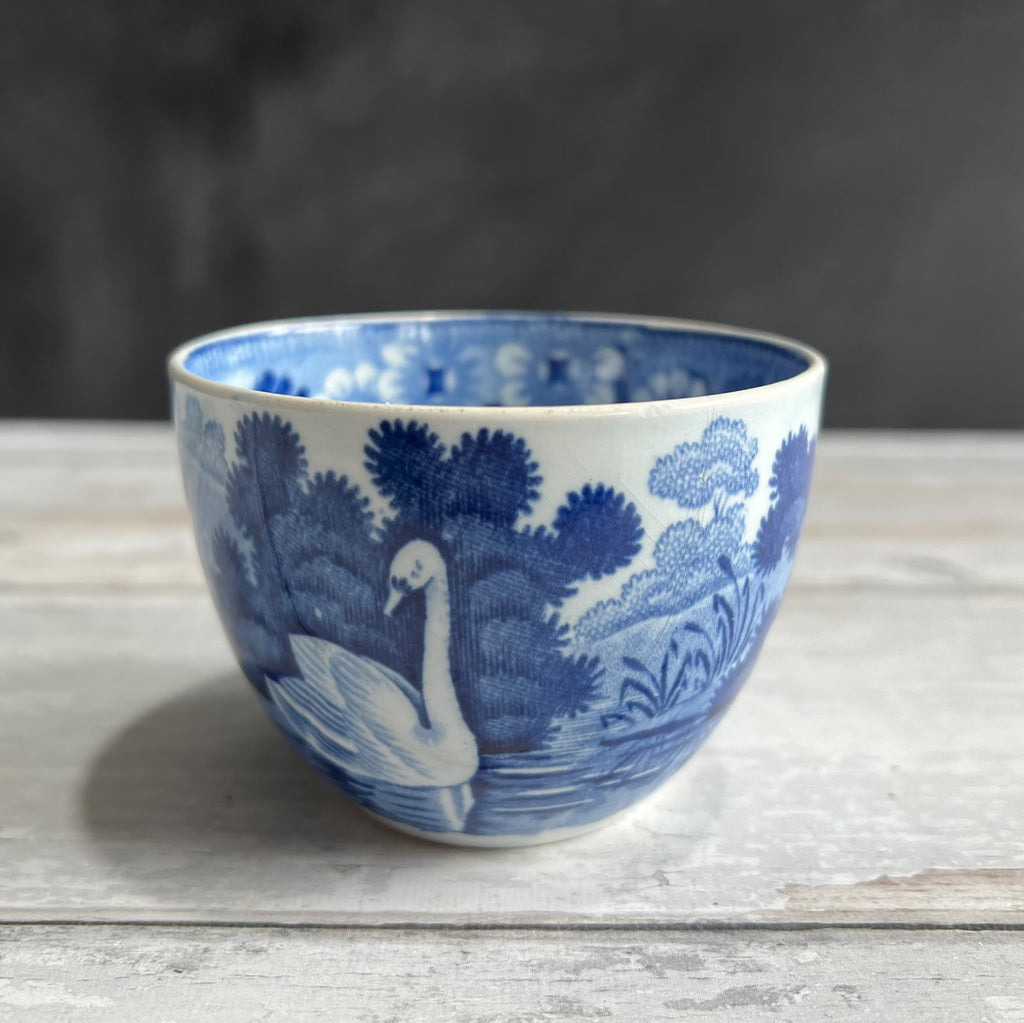 English Pearlware Cup and Saucer Blue and White Transferware Rare Swan Pattern C 1810