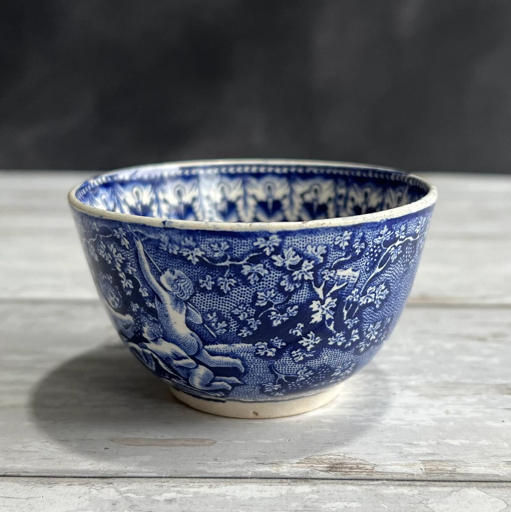 19th Century Transferware Tea Bowl And Saucer Bacchanalian Cherubs Scene Blue And White C 1815