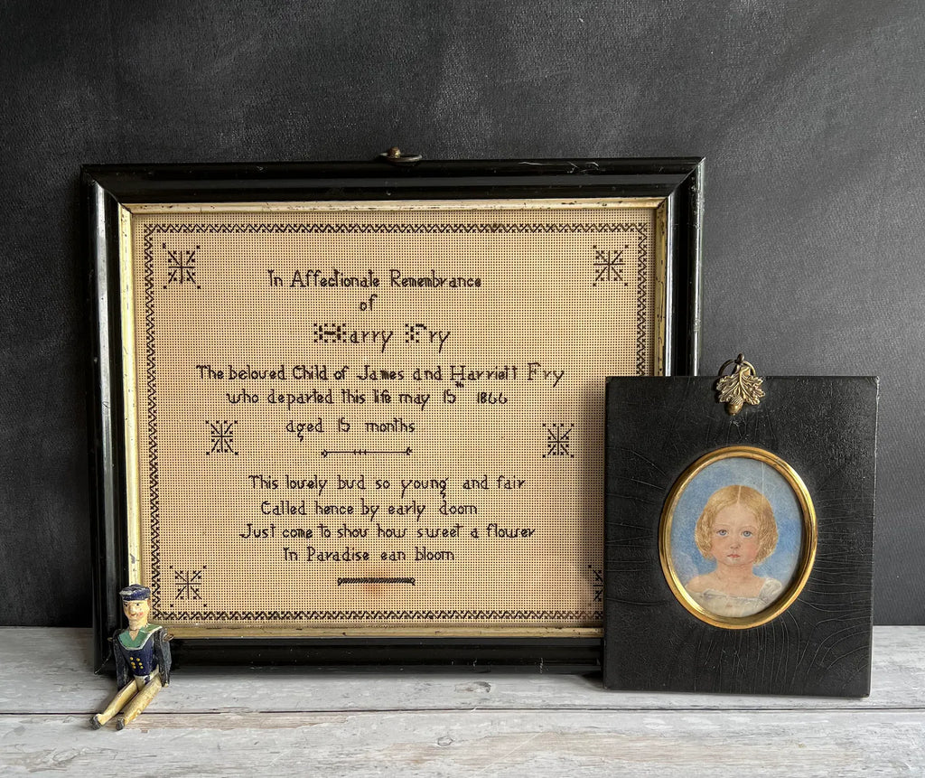 Antique Perforated Paper Mourning Sampler For Baby Harry Fry 1866