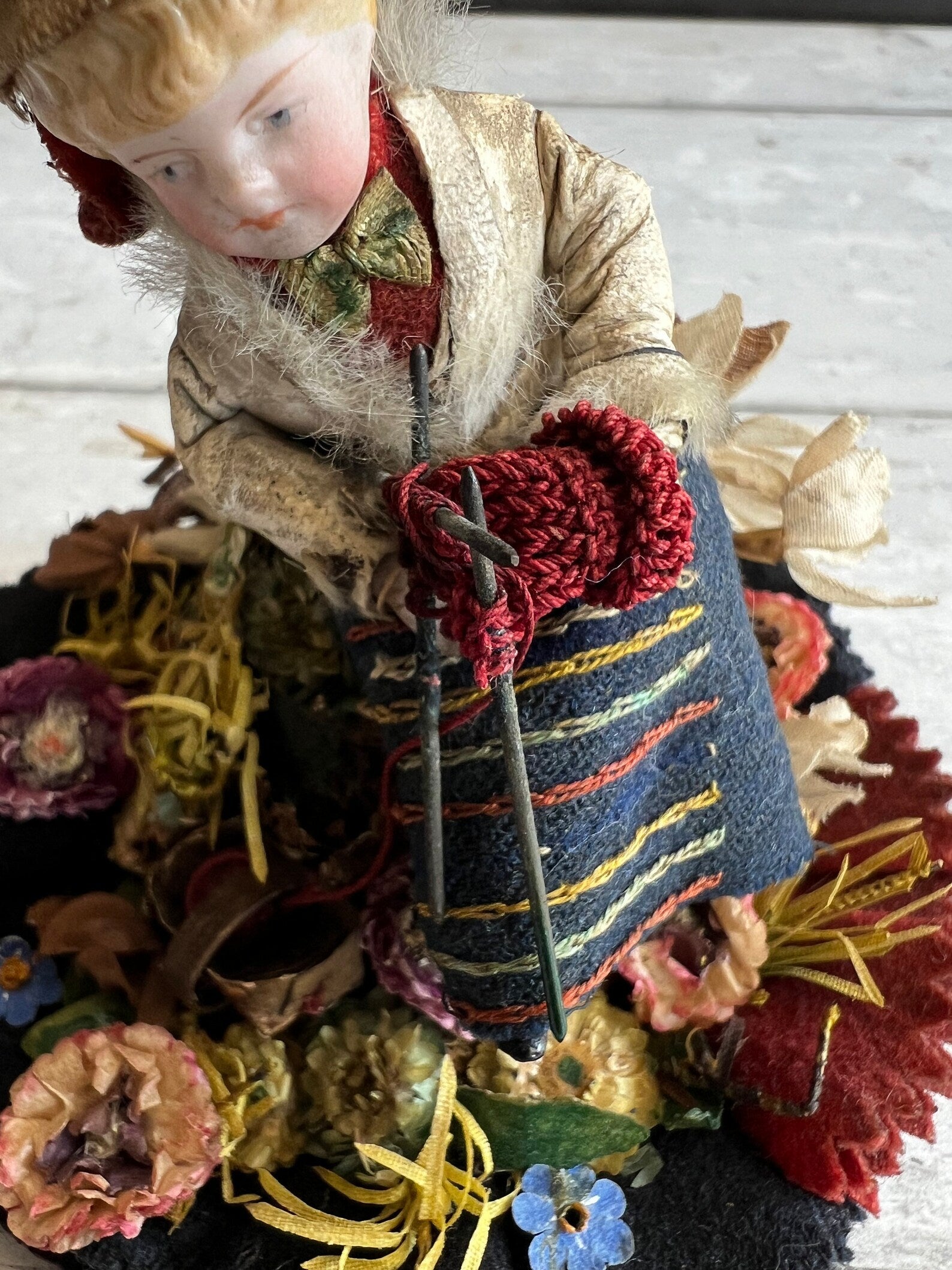 Antique Pen Wipe Knitting Doll In Glass Dome Circa 1860s