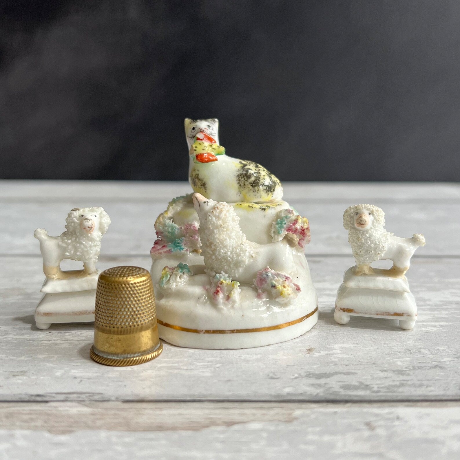RARE Miniature Staffordshire Figure Poodle Dog Cat Kitten And Bird C 1840