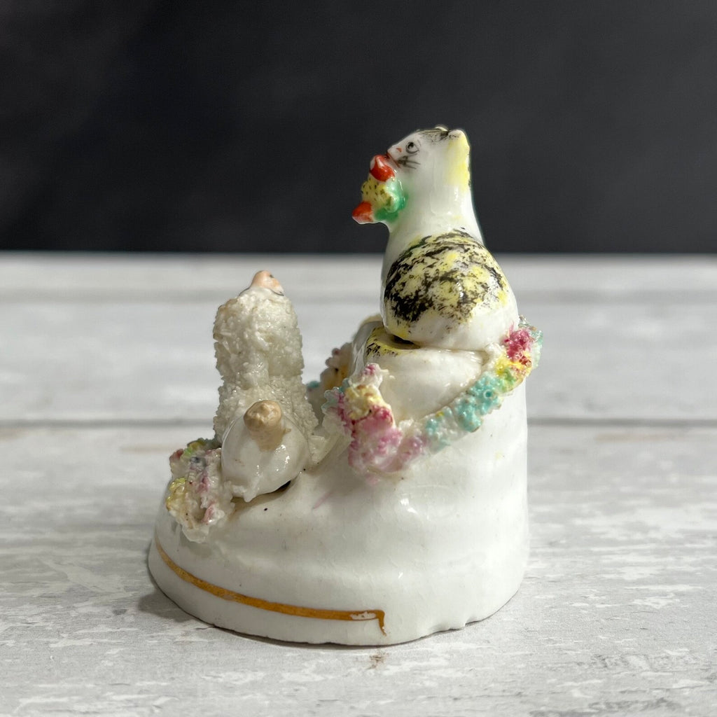 RARE Miniature Staffordshire Figure Poodle Dog Cat Kitten And Bird C 1840