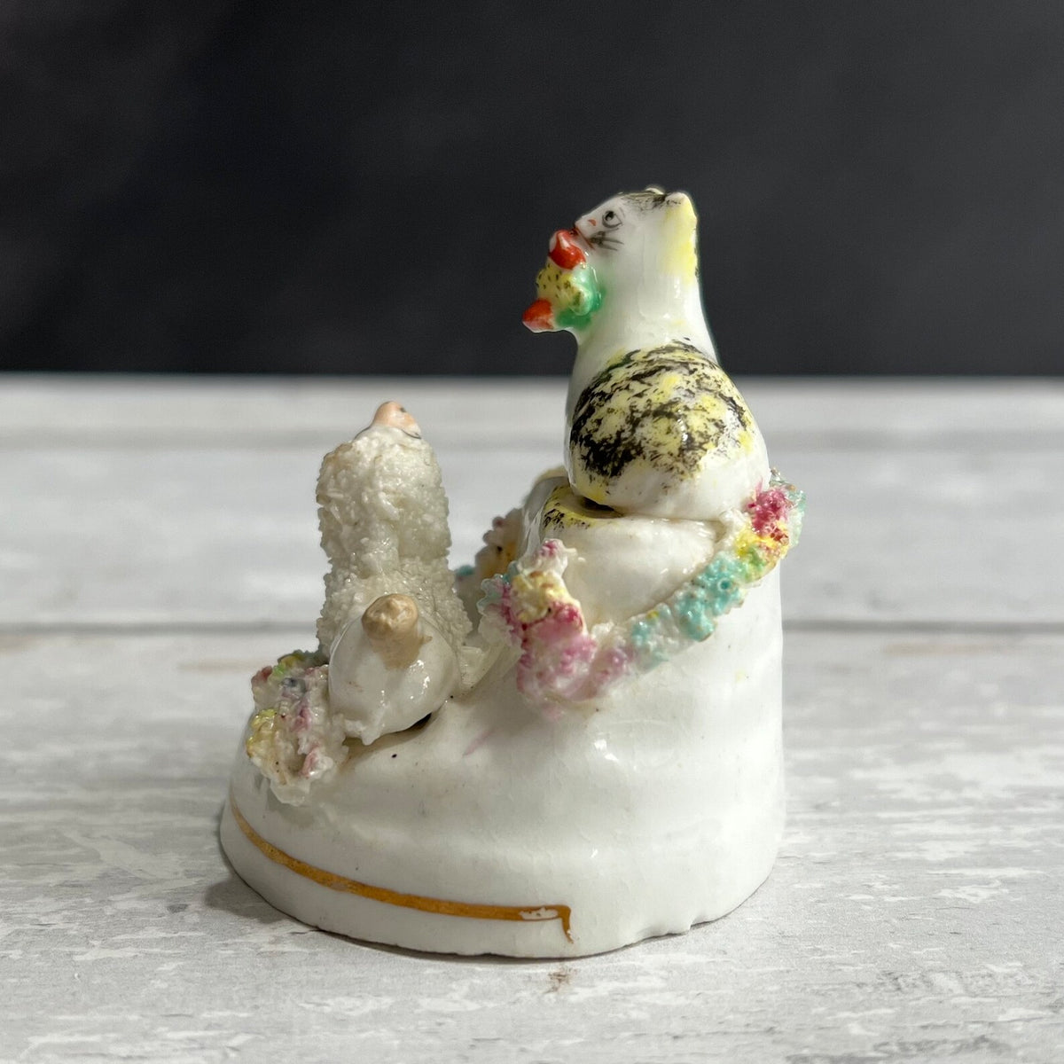 RARE Miniature Staffordshire Figure Poodle Dog Cat Kitten And Bird C 1840