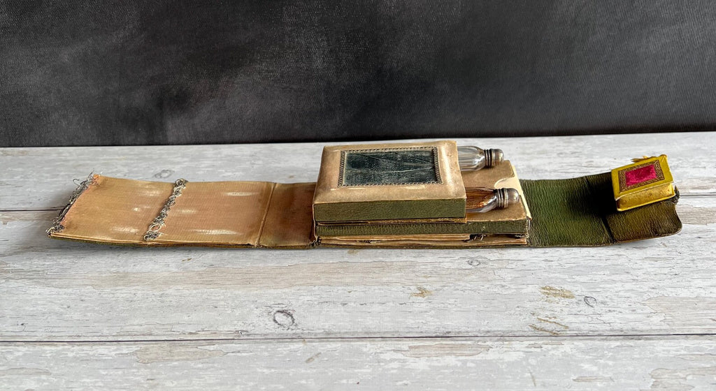 19th Century Green Leather Etui Silver Pencil Perfume Sewing Necessaire
