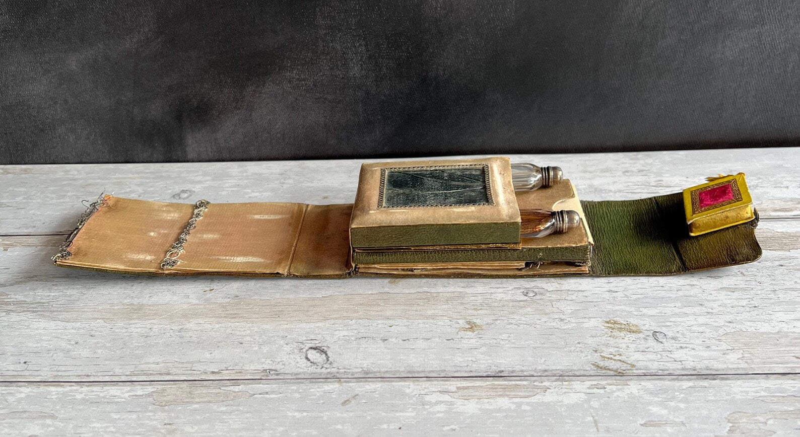 19th Century Green Leather Etui Silver Pencil Perfume Sewing Necessaire