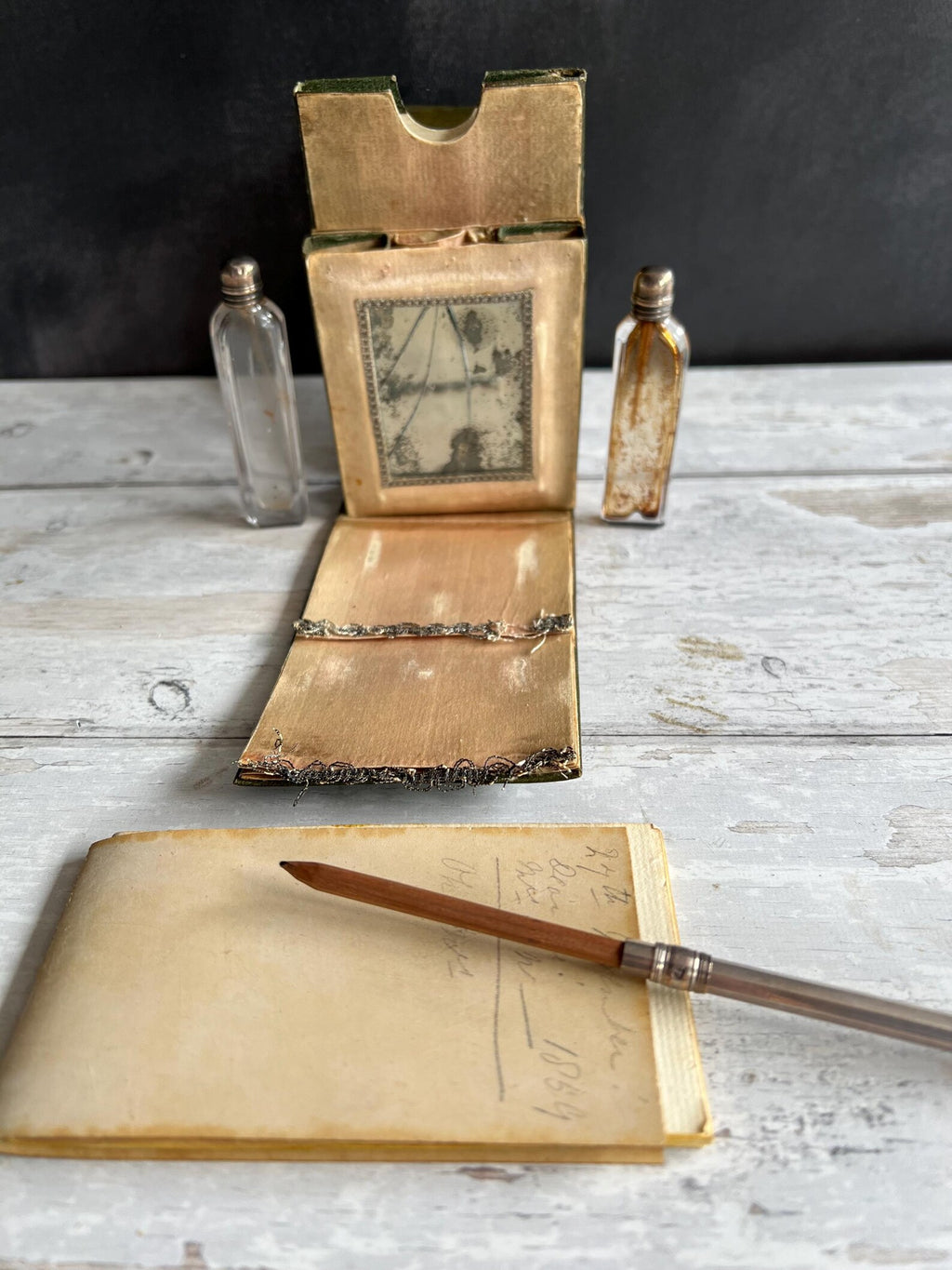 19th Century Green Leather Etui Silver Pencil Perfume Sewing Necessaire