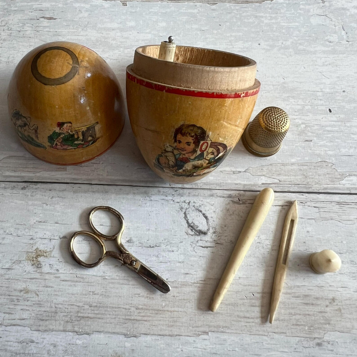 Egg Sewing Etui For Child With Contents Circa 1920s Doll Rabbit Puppy