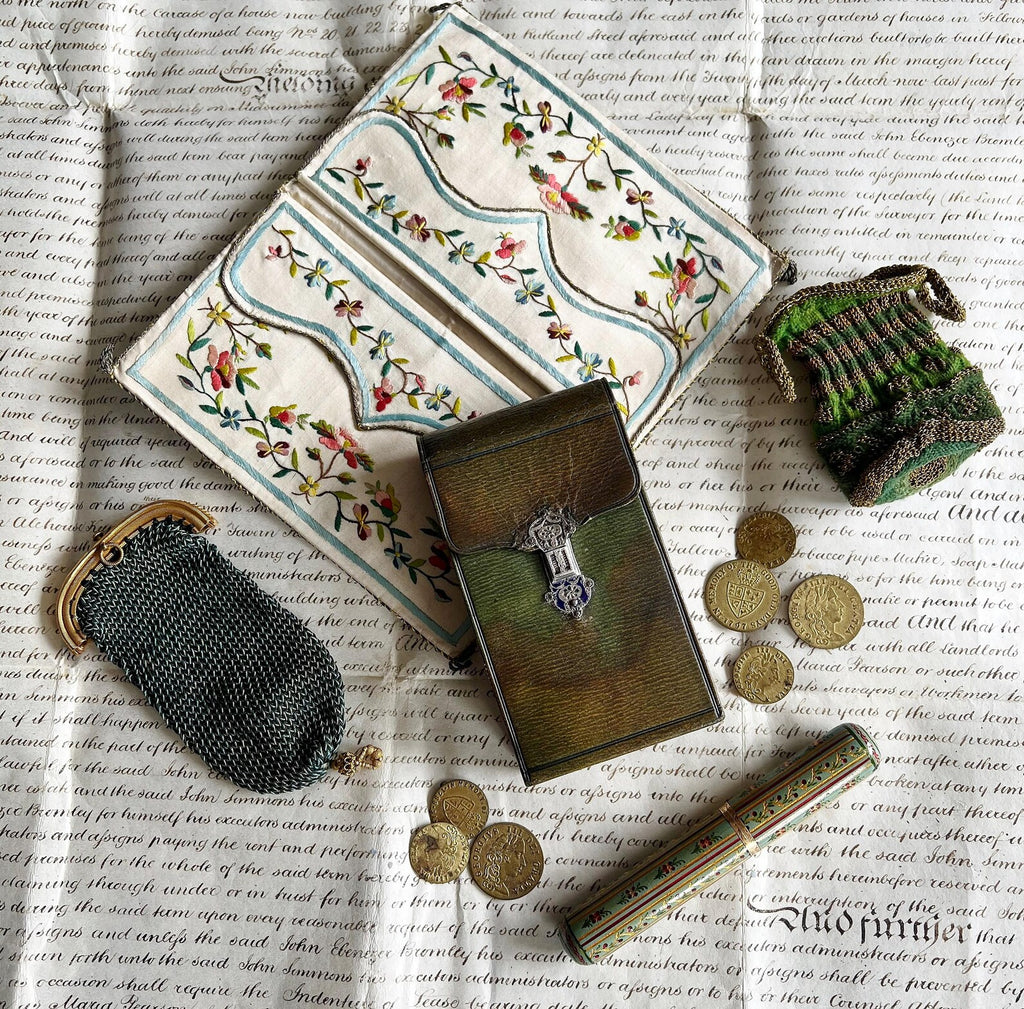 19th Century Green Leather Etui Silver Pencil Perfume Sewing Necessaire