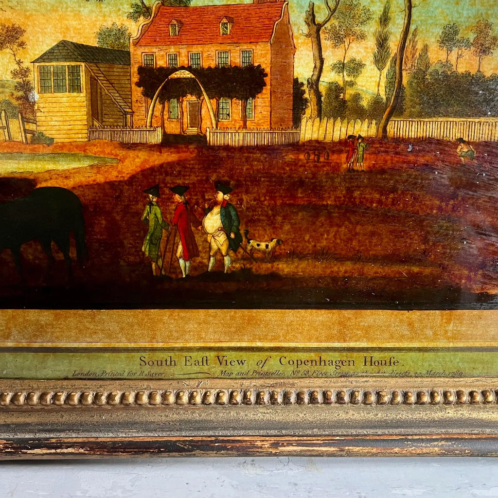 18th Century Reverse Glass Print Copenhagen House Islington Skittles Game 1783