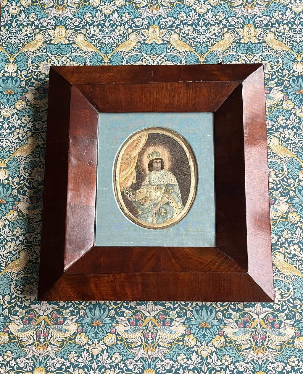 18th Century Embroidery On Paper Colifichet Pin Prick King Louis in Ogee Frame