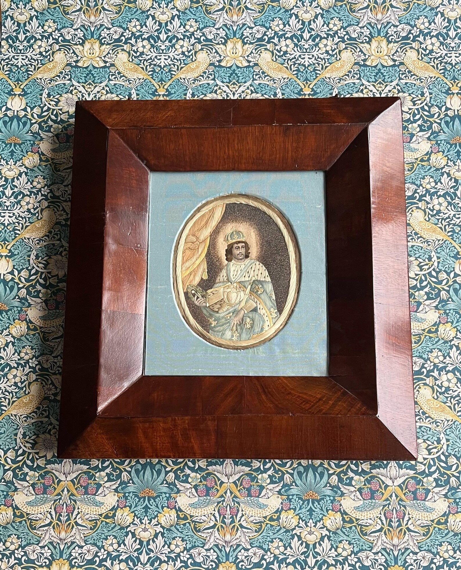 18th Century Embroidery On Paper Colifichet Pin Prick King Louis in Ogee Frame