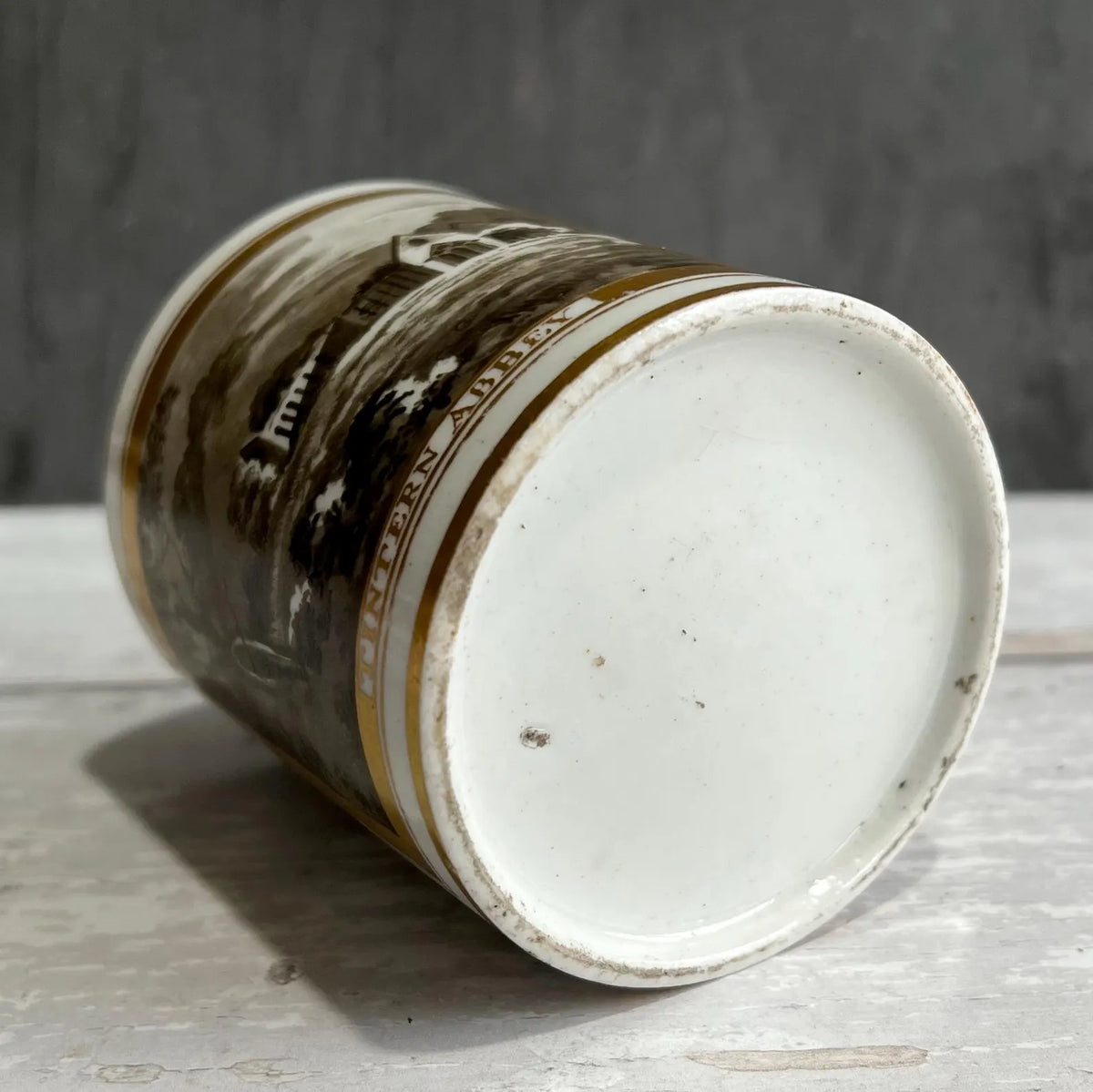 Tintern Abbey Porcelain Mug Hand Painted En Grisaille British Topographical Scene Circa 1810
