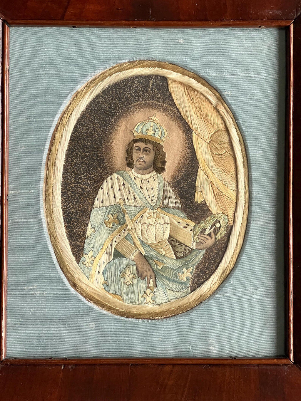 18th Century Embroidery On Paper Colifichet Pin Prick King Louis in Ogee Frame
