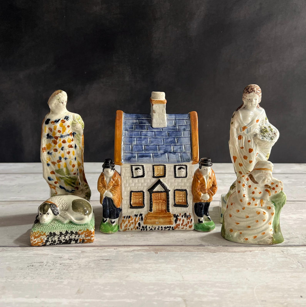 Antique Prattware Pottery Cottage Money Bank English Folk Art C 1830